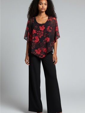 Laura Petite Black Tank Top with Red Floral Overlay, Stretch